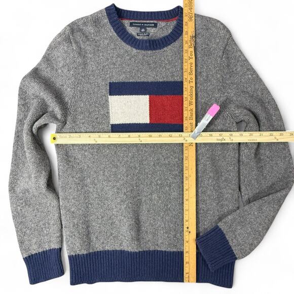 Tommy Hilfiger Crewneck Sweater Mens Large Flag Logo Preppy 90s Y2K Wool Gray L - Picture 7 of 8